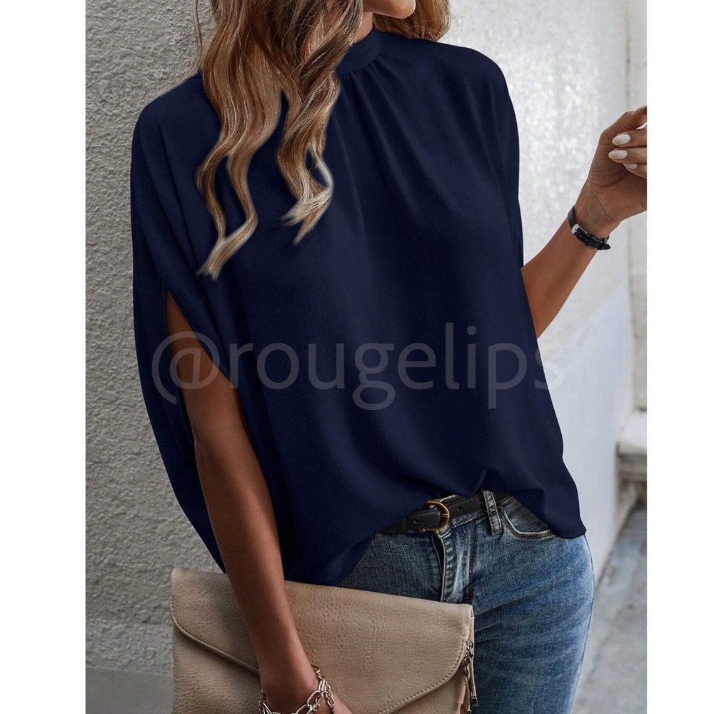 Navy Blue Blouse Top Flowy, High Neck
